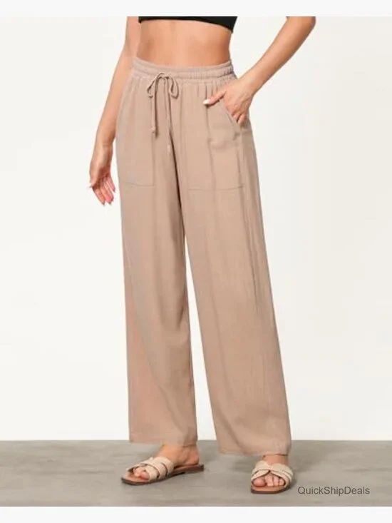Linen Wide Leg Pants High Waisted Drawstring Elastic Waist Palazzo Trousers - Picture 3 of 7